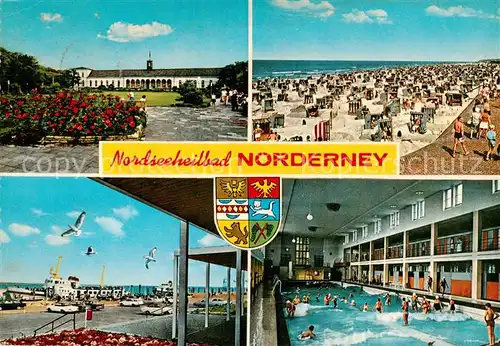 AK / Ansichtskarte 73813753 Norderney_Nordseebad Kurhaus Strand Fahrgastschiff Hallenwellenbad Norderney_Nordseebad