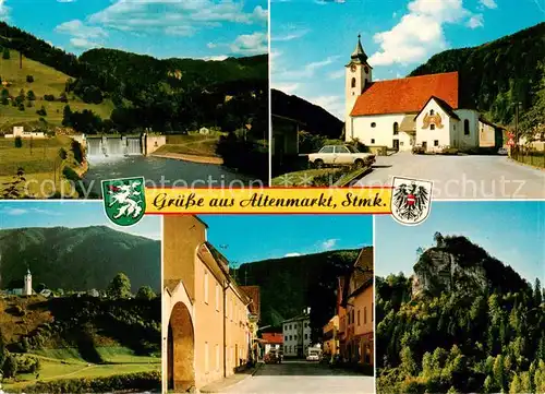 AK / Ansichtskarte 73813786 Altenmarkt_Steiermark Stauwerk Kirche Ortsansicht Schlafender Loewe Felsen Altenmarkt_Steiermark