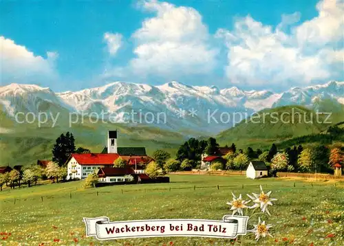 AK / Ansichtskarte 73813804 Wackersberg_Bad_Toelz Panorama mit Kirche und Benediktenwandgruppe Wackersberg_Bad_Toelz