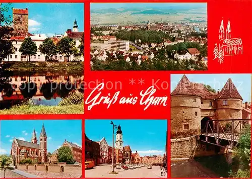 AK / Ansichtskarte  Cham__Oberpfalz Panorama Kirche Schloss Eingang Bruecke 