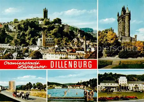 AK / Ansichtskarte  Dillenburg Panorama Wilhelmsturm Pferdekutsche Schwimmbad Dillenburg