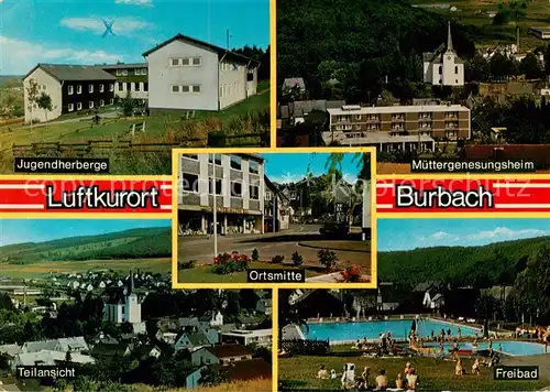 AK / Ansichtskarte  Burbach_Siegerland Jugendherberge Muettergenesungsheim Freibad Ortsmitte Ansicht mit Kirche Burbach_Siegerland