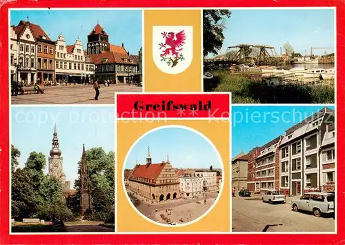 AK / Ansichtskarte 73813996 Greifswald Platz der Freundschaft Wiecker Bruecke Dom und Ruebenowdenkmal Rathaus Knopfstrasse Greifswald