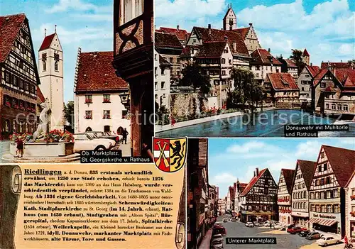 AK / Ansichtskarte 73814014 Riedling Marktplatz St Georgskirche Rathaus Donauwehr mit Muehltoerle Unterer Marktplatz Riedling