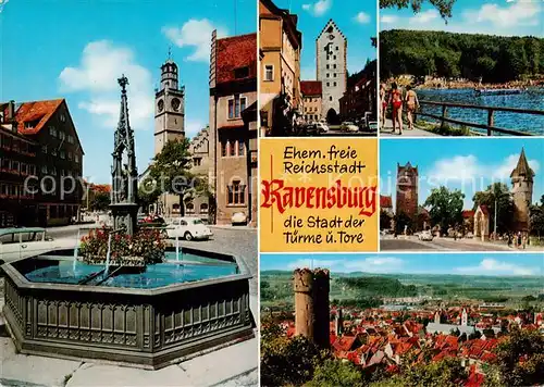 AK / Ansichtskarte  Ravensburg__Wuerttemberg Brunnen Stadttor Badesee Panorama 