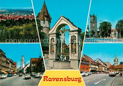 AK / Ansichtskarte 73814027 Ravensburg__Wuerttemberg Panorama Gruener Turm Blaserturm Brunnen Strassenpartie 