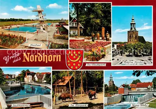 AK / Ansichtskarte  Nordhorn Freibad Stadtpark Reform Kirche Vechtepartie Tierpark Neues Wehr Nordhorn