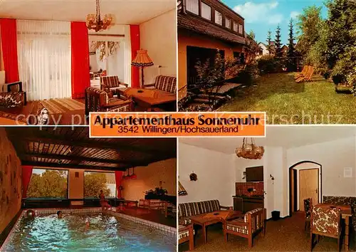 AK / Ansichtskarte  Willingen_Sauerland Appartementhaus Sonnenuhr Garten Hallenbad Kaminzimmer Willingen_Sauerland