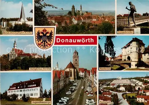 AK / Ansichtskarte  Donauwoerth Christi Himmelfahrt Kirche Panorama Donaubruecke Heiligkreuz Kirche Jugendherberge Riedertor Parkstadt Donauwoerth