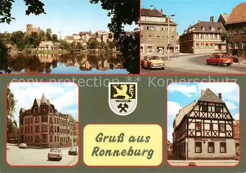 AK / Ansichtskarte 73814325 Ronneburg_Thueringen Baderteich mit Schloss August Bebel Strasse Friedrich Engels Strasse Gasthaus Gambrinus Ronneburg Thueringen