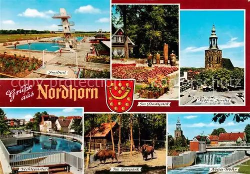 AK / Ansichtskarte  Nordhorn Freibad Im Stadtpark Reformierte Kirche Vechtepartie Tierpark Neues Wehr Nordhorn