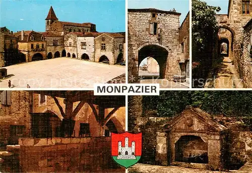 AK / Ansichtskarte Monpazier_24_Dordogne Bastide fondee par Edouard 1er Une Porte Anciennes Mesures pour Chataignes et Noix La Fontaine des Aours 