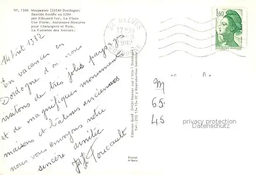 AK / Ansichtskarte Monpazier_24_Dordogne Bastide fondee par Edouard 1er Une Porte Anciennes Mesures pour Chataignes et Noix La Fontaine des Aours 