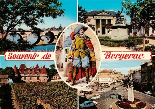 AK / Ansichtskarte Bergerac Le Pont Le Palais de Justice et sa Place Le clocher Chatreau de Montbazillac Le Monument aux Morts avec la Rue du Marche Bergerac