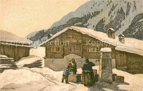 AK / Ansichtskarte  Schlatter_E.E. Fuer die Jugend Dorf in Winter Familie am Brunen 