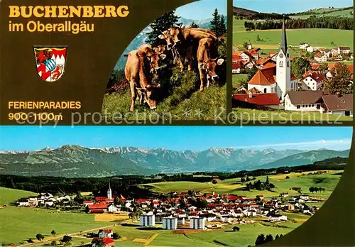 AK / Ansichtskarte  Buchenberg_Allgaeu Rinderherde Panorama mit Kirche  Buchenberg Allgaeu