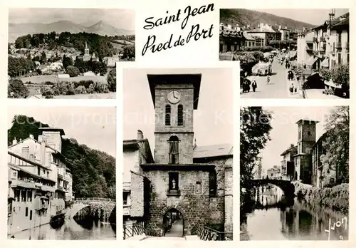 AK / Ansichtskarte  St-Jean-Pied-de-Port_64_Pyrenees-Atlantiques Eglise Vue generale Place Charles Boquet et place du Marche Vieilles maisons sur la Nive Le Pont dEspagne et l'Eglise 