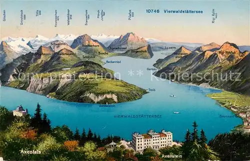 AK / Ansichtskarte Vierwaldstaettersee_Vierwaldstaedtersee_SZ Panoramakarte mit Axenfels Axenstein Brunnen 