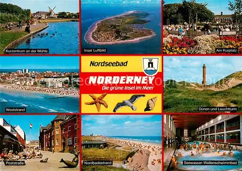 AK / Ansichtskarte  Norderney_Nordseebad Kurzentrum Muehle Fliegeraufnahme Insel Kurplatz Weststrand Poststrasse Nordbadestrand Duenen Leuchtturm Seewasser Wellenschwimmbad Norderney_Nordseebad