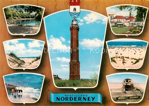 AK / Ansichtskarte 73816710 Norderney_Nordseebad Teilansichten Duenen Strand Sturm Seehund Leuchtturm Norderney_Nordseebad
