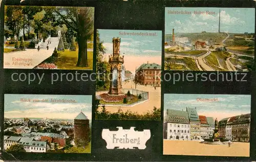 AK / Ansichtskarte  Freiberg__Sachsen Freitreppe Albertpark Schwedendenkmal Halsbruecker Hoehe Esse Markt Feldpost 