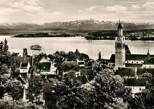 AK / Ansichtskarte 73817093 ueberlingen_Bodensee Panorama Altstadt mit Kirche Alpenkette ueberlingen Bodensee