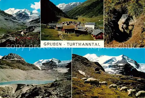 AK / Ansichtskarte Gruben_Turtmanntal_VS Panorama Teilansichten Schafherde Hoehle 