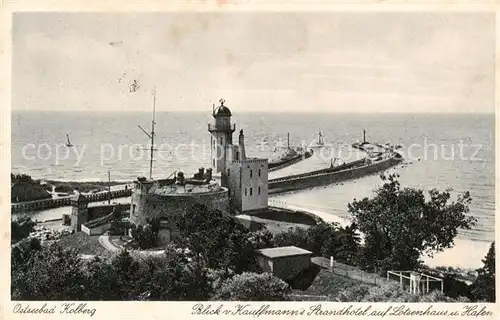 AK / Ansichtskarte  Kolberg__Ostseebad_Kolobrzeg_PL Blick von Kauffmanns Strandhotel  auf Lotsenhaus und Hafen Feldpost 