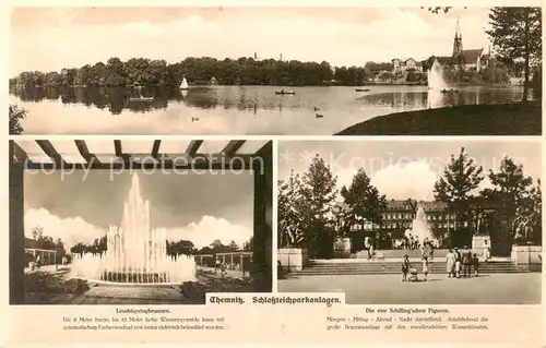 AK / Ansichtskarte 73817834 Chemnitz Schlossparkanlagen Leuchtspringbrunnen Die vier Schillingschen Figuren Chemnitz