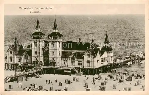 AK / Ansichtskarte  Swinemuende_Swinoujscie Seebruecke Strand Swinemuende Swinoujscie