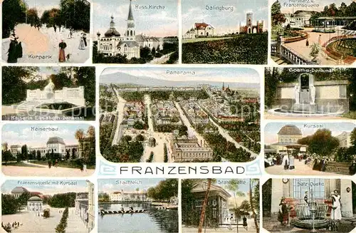 AK / Ansichtskarte 73818252 Franzensbad_Boehmen_Frantiskovy_Lazne_CZ Kurpark Russ Kirche Salingburg Kaiserbad Panorama Goethe Denkmal Kursaal Stadtteich Stahlquette Salz Quelle Kaiserin Elisabeth Denkmal 