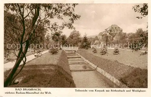 AK / Ansichtskarte 73818557 Bad_Brambach Kurpark mit Roethenbach und Weidighaus Staerkstes Radium-Mineralbad der Welt Bad_Brambach