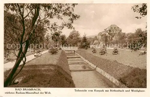 AK / Ansichtskarte  Bad_Brambach Kurpark mit Roethenbach und Weidighaus Staerkstes Radium-Mineralbad der Welt Bad_Brambach