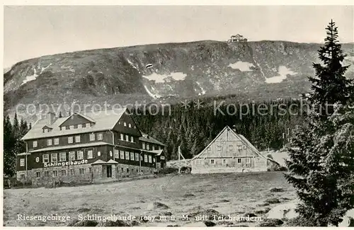 AK / Ansichtskarte 73818638 Riesengebirge_Schlesischer_Teil Schlingelbaude mit Teichraendern 