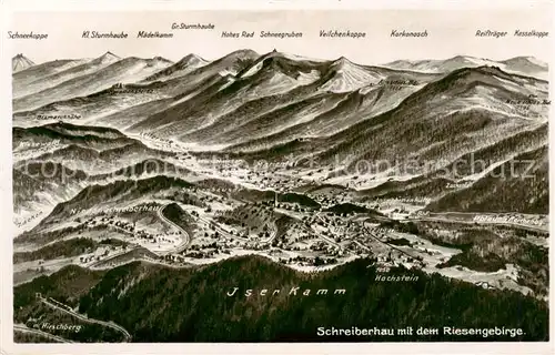 AK / Ansichtskarte 73818855 Schreiberhau_Szklarska_Poreba_Riesengebirge_PL Panoramakarte mit dem Riesengebirge aus der Vogelperspektive 