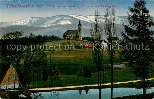 AK / Ansichtskarte 73818871 Schreiberhau_Szklarska_Poreba_Riesengebirge_PL Blick gegen Katholischer Kirche und die Schneegruben 