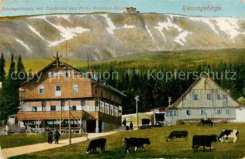 AK / Ansichtskarte 73818884 Krummhuebel_Karpacz_Riesengebirge_PL Schlingelbaude mit Teichrand und Prinz-Heinrich-Baude 