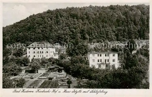AK / Ansichtskarte 73818959 Bad_Kudowa_Kudowa-Zdroj_Niederschlesien_PL Friedrichs Hof und Haus Idylle mit Schlossberg 