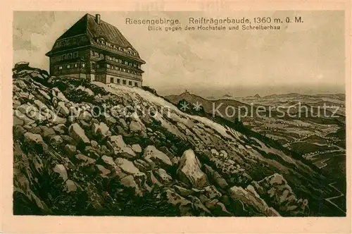 AK / Ansichtskarte 73818986 Riesengebirge_Schlesischer_Teil Reiftraegerbaude mit Blick zum Hochstein und Schreiberhau 