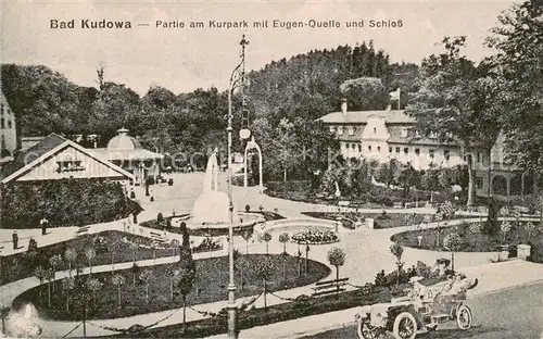 AK / Ansichtskarte 73819254 Bad_Kudowa_Kudowa-Zdroj_Niederschlesien_PL Partie am Kurpark mit Eugen Quelle und Schloss 