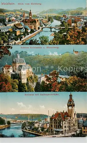 AK / Ansichtskarte 73819533 Waldheim_Sachsen Blick vom Eichberg Schloss Kriebstein und Ehrenberg Rathaus mit Zschopaubruecke Waldheim Sachsen