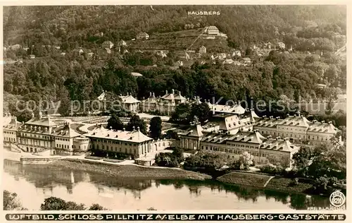 AK / Ansichtskarte  Pillnitz_Dresden Schloss Pillnitz an der Elbe mit Hausberg Gaststaette Fliegeraufnahme 