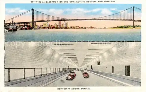AK / Ansichtskarte 73819635 Detroit_Michigan Ambassador Bridge connecting Detroit and Windsor Tunnel Illustration 