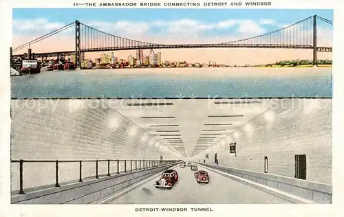 AK / Ansichtskarte  Detroit_Michigan Ambassador Bridge connecting Detroit and Windsor Tunnel Illustration 