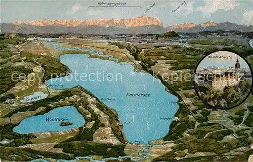 AK / Ansichtskarte  Ammersee_Bayern Panoramakarte mit Woerthsee und Kloster Andechs 