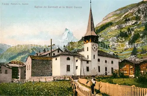 AK / Ansichtskarte Zermatt_VS Eglise et Mont Cervin Dorfansicht mit Kirche Matterhorn Walliser Alpen Zermatt_VS