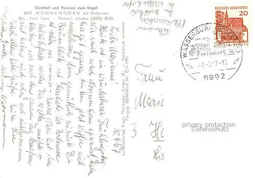 AK / Ansichtskarte  Nonnenhorn_Bodensee Fliegeraufnahme mit Gasthof Pension zum Engel Nonnenhorn Bodensee