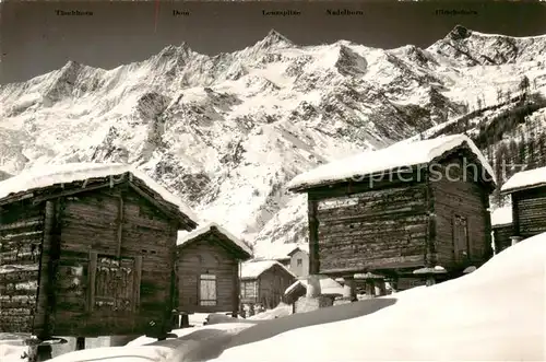 AK / Ansichtskarte Saas Fee_VS Spycher mit Taeschhorn Dom Suedlenz und Ulrichshorn 