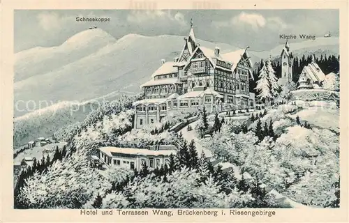 AK / Ansichtskarte 73821575 Brueckenberg_Krummhuebel_Riesengebirge_PL Hotel und Terrassen Wang mit Schneekoppe und Kirche Wang 