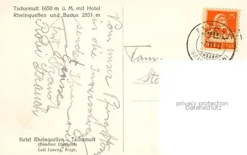 AK / Ansichtskarte 13821678 Tschamutt_GR mit Hotel Rheinquellen und Badus 